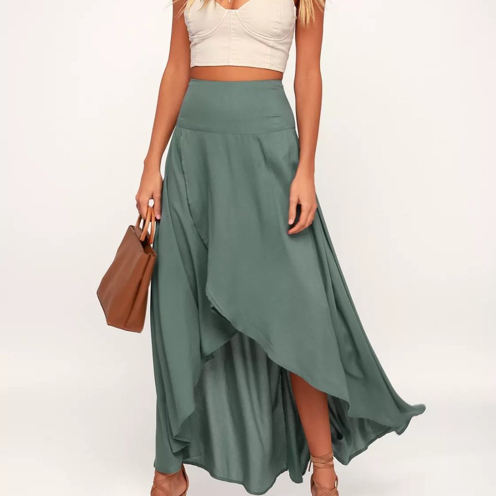 Lulus Ambrosio Dark Sage Green High-Low Maxi Skirt